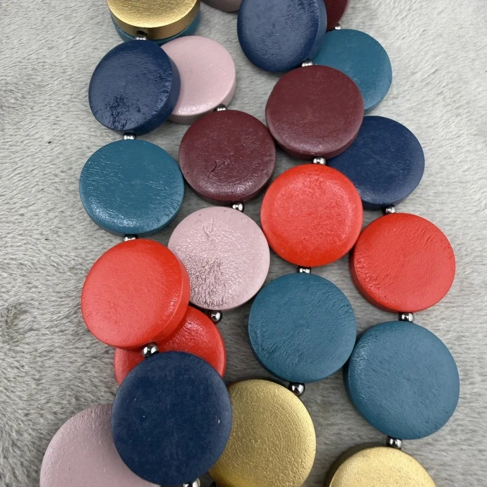 Statement Necklace Layered Painted Wood Disc Bright Summer Party 18" - Picture 8 of 10